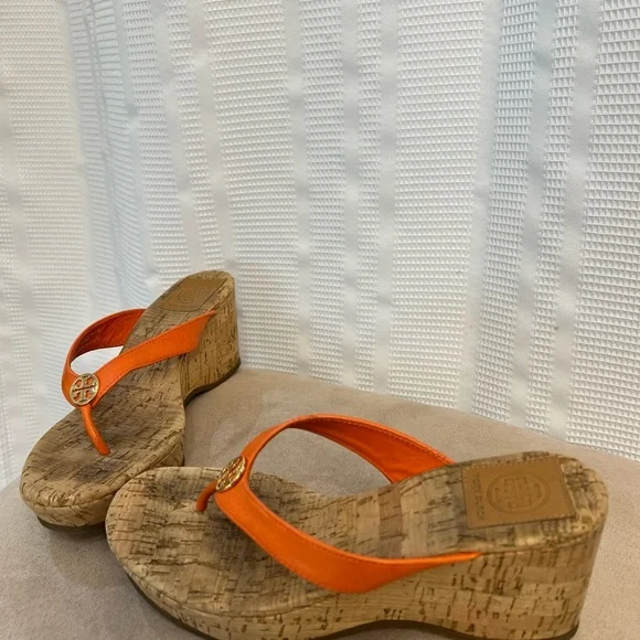 Tory Burch orange leather cork wedge sandals from size 7 great - Picture 3 of 8